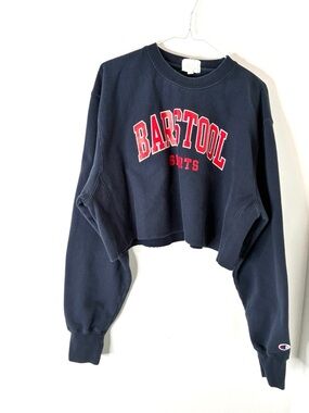 Champion Reverse Weave Barstool Sports Navy Blue Oversized Crop Logo Sweatshirt